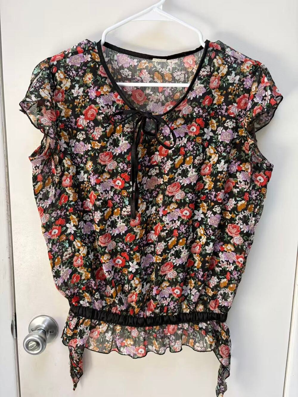 Floral Chiffon Blouse M Sheer Cap Sleeve Elastic Waist Boho Peplum Top Knot M